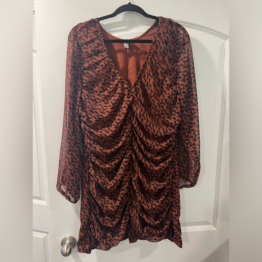 Black + Brown Patterned Ruched Mini Dress wedding guest dress